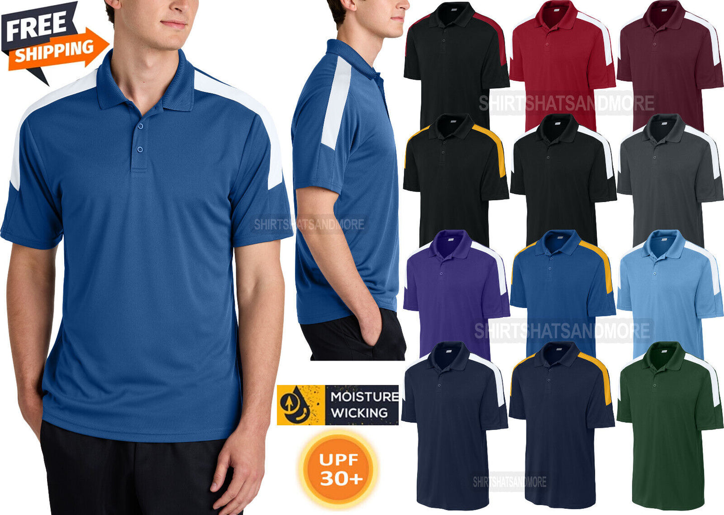 Mens Color Block Shoulder Wicking Polo UPF 30+ Moisture Wicking Team Sport XS-4X