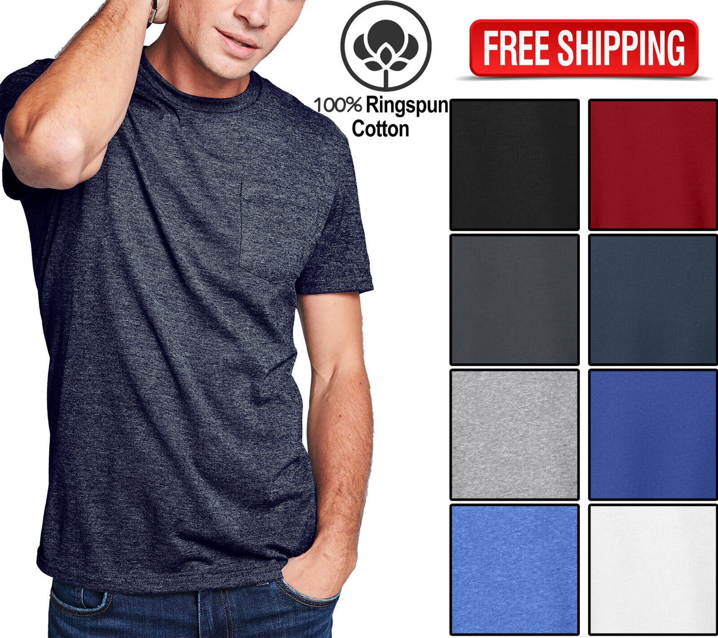 Mens Heathers & Solids Crew Neck T-Shirt with POCKET Tee Size XL, 2XL, 3XL, 4XL