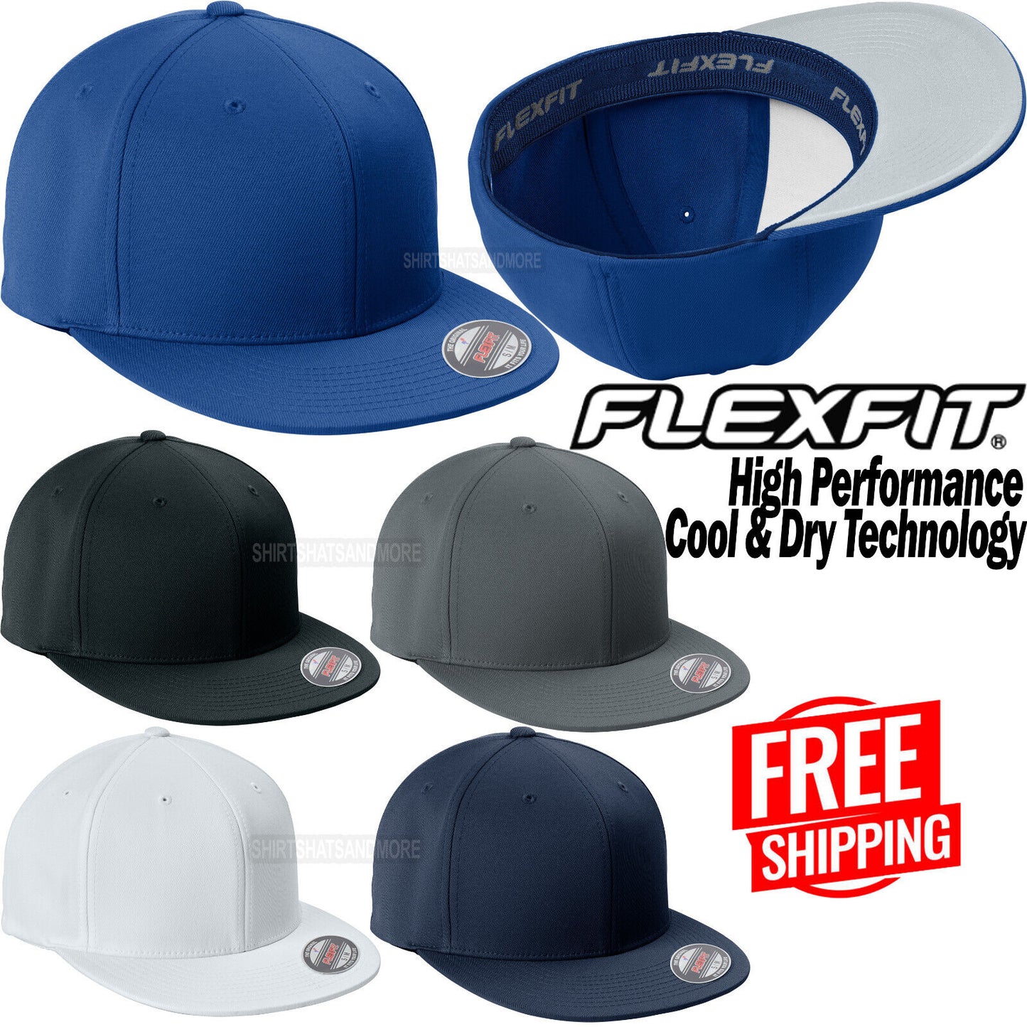 Flexfit Cool & Dry Flat Bill Structured Baseball Hat High Profile Cap S/M, L/XL