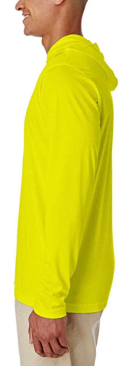 Mens Safety Yellow Moisture Wicking Hoodie T-Shirt Long Sleeve Hoody Tee UPF 40+
