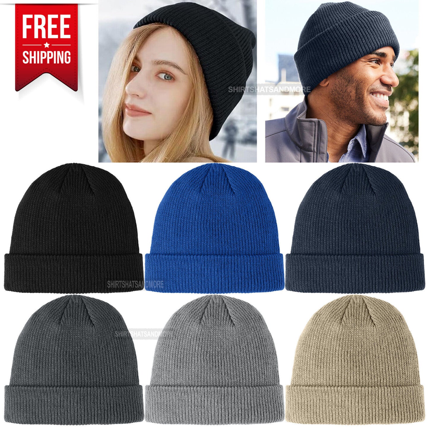 Men & Women Cuffed Beanie Winter Warm Headwear Cozy Hat Adjustable Cuff NEW!
