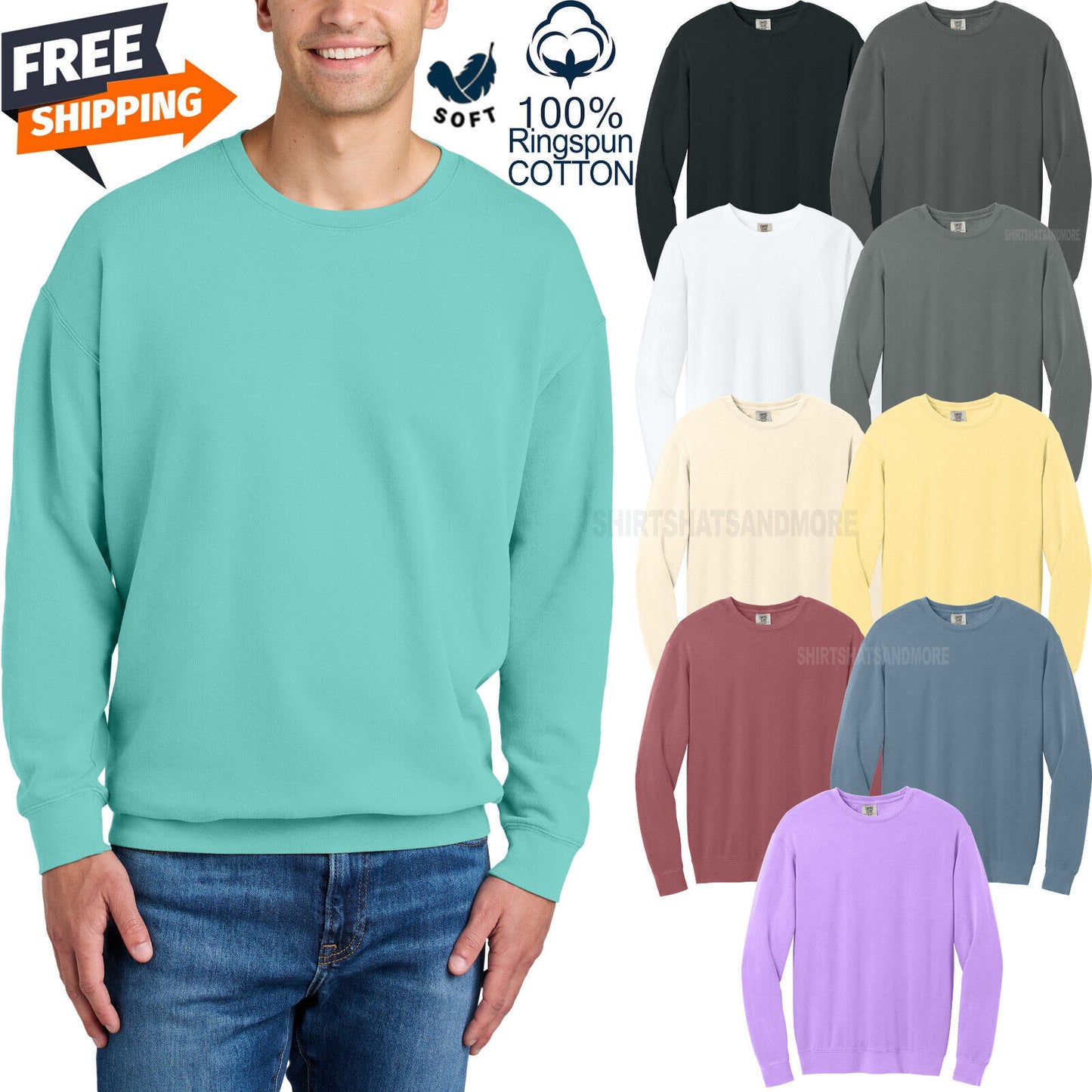 Mens Lightweight 100% Soft Ring Spun USA Cotton Crewneck Sweatshirt S-3XL NEW!