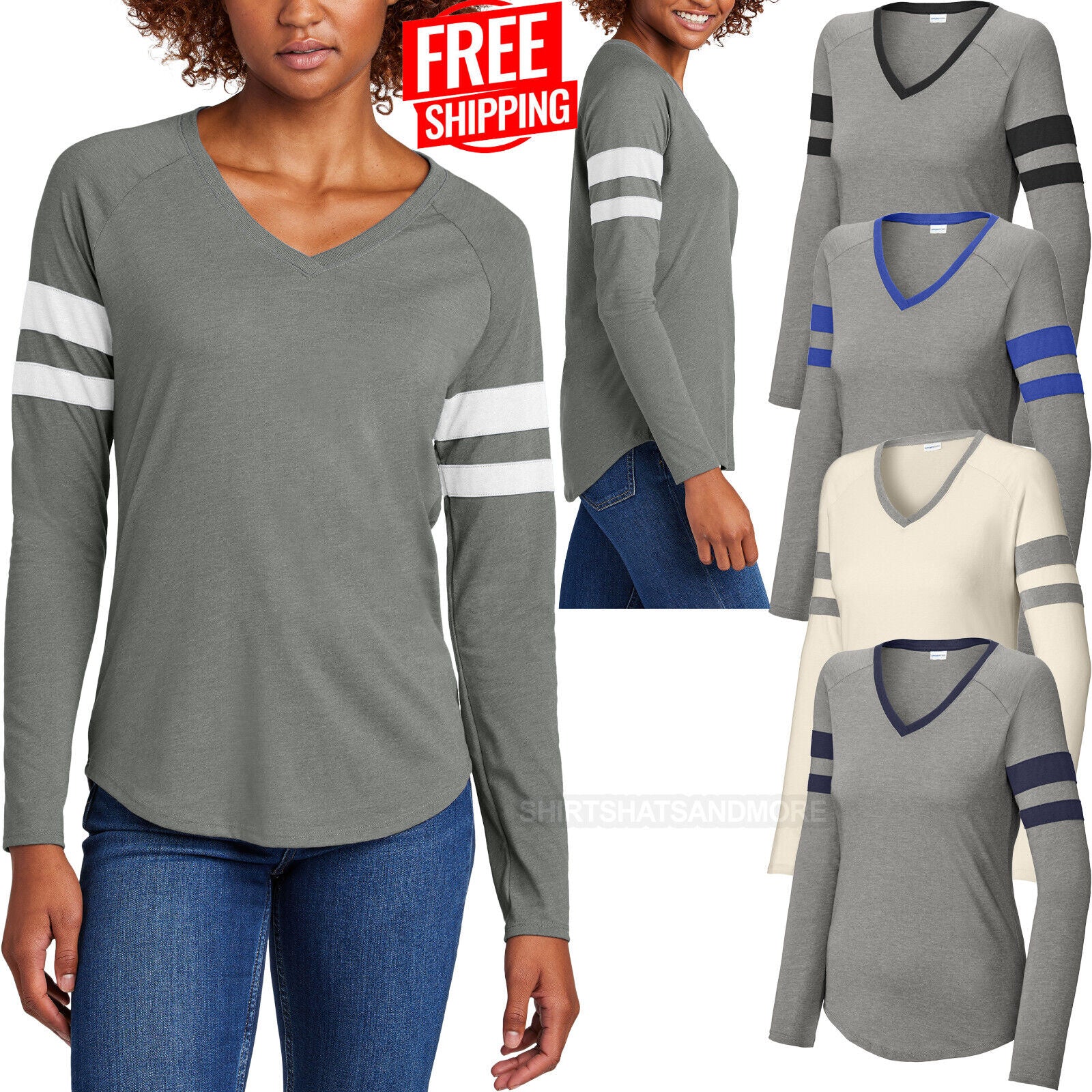 Womens Long Sleeve Colorblock Sleeve Stripe V Neck T Shirt Team Spirit Shirts Hats and More