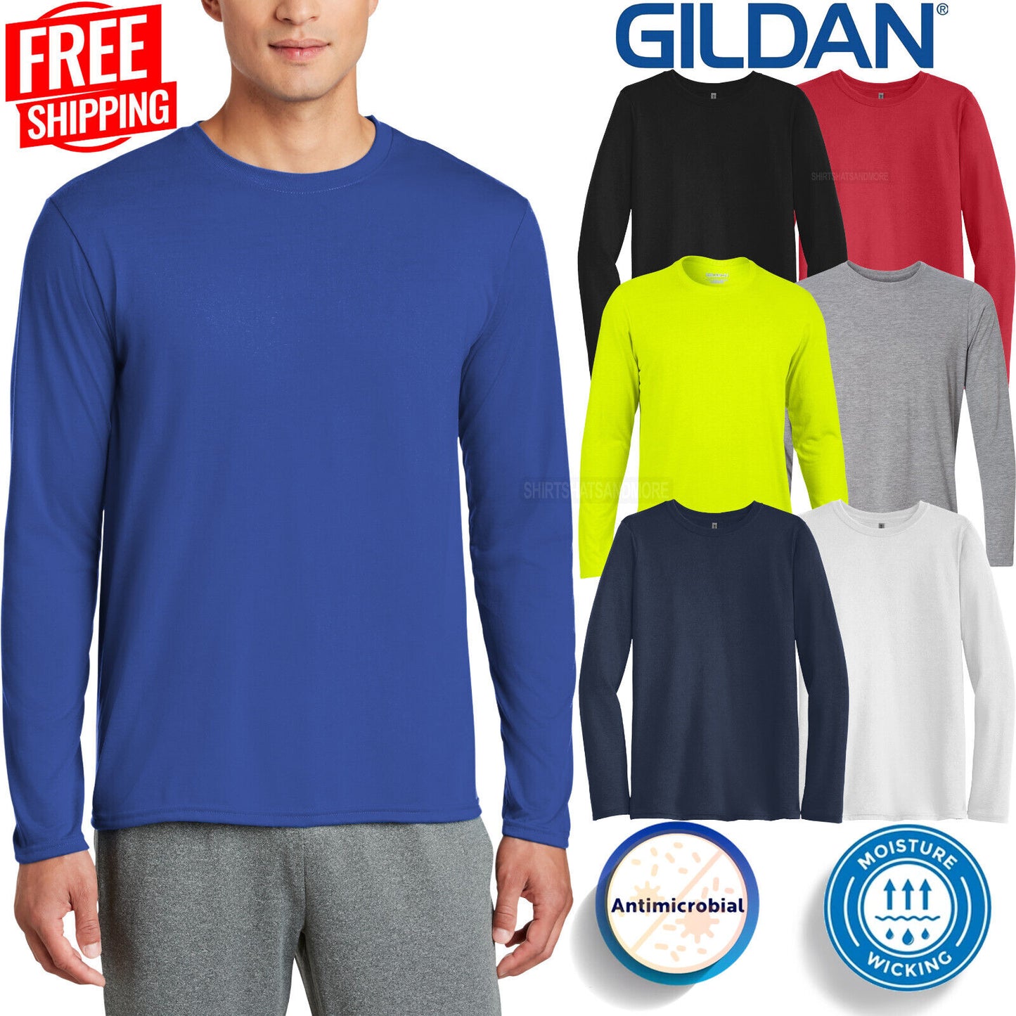 Gildan Cotton Feel Moisture Wicking Tee Anti-Microbial Long Sleeve T-Shirt S-3XL