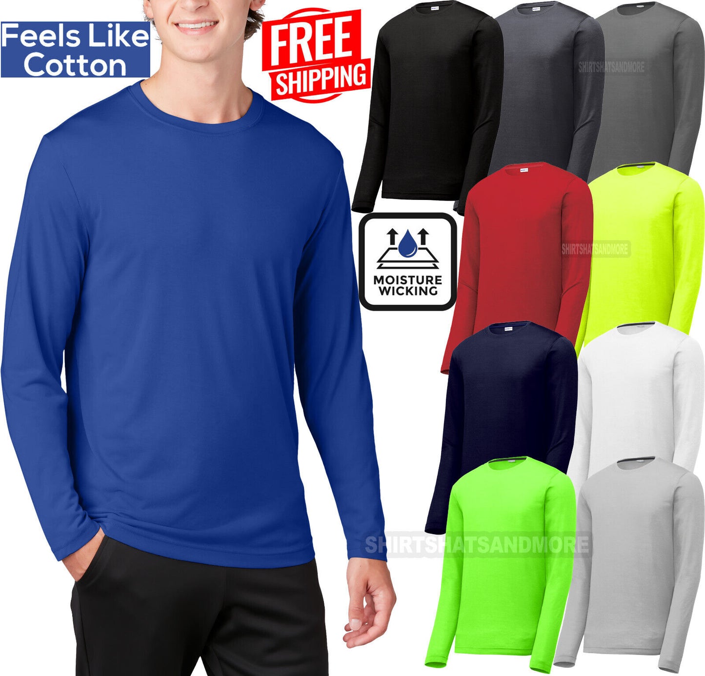 Mens 100% Poly "COTTON FEEL" Moisture Wicking Athletic Long Sleeve T-Shirt XS-4X