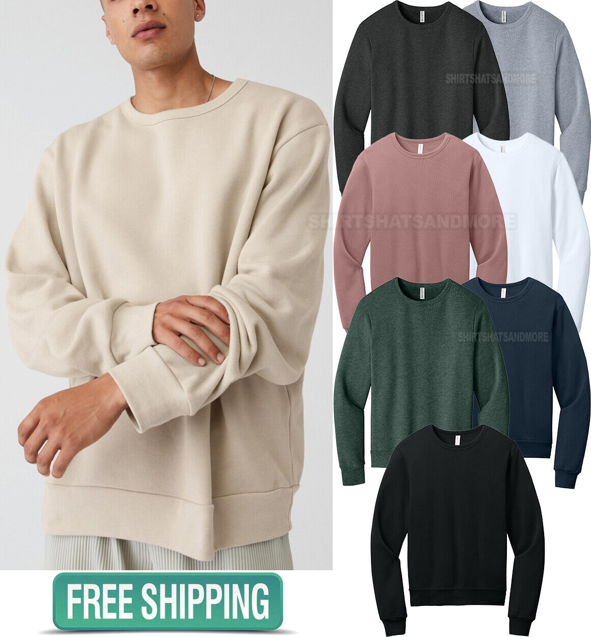 Mens Sponge Blended Fleece Soft Crewneck Relaxed Sweatshirt XS-3XL 8 Colors NEW!