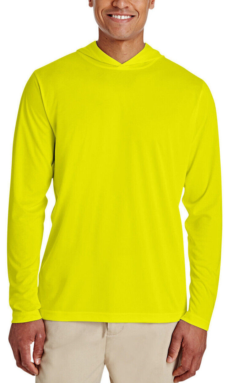 Mens Safety Yellow Moisture Wicking Hoodie T-Shirt Long Sleeve Hoody Tee UPF 40+