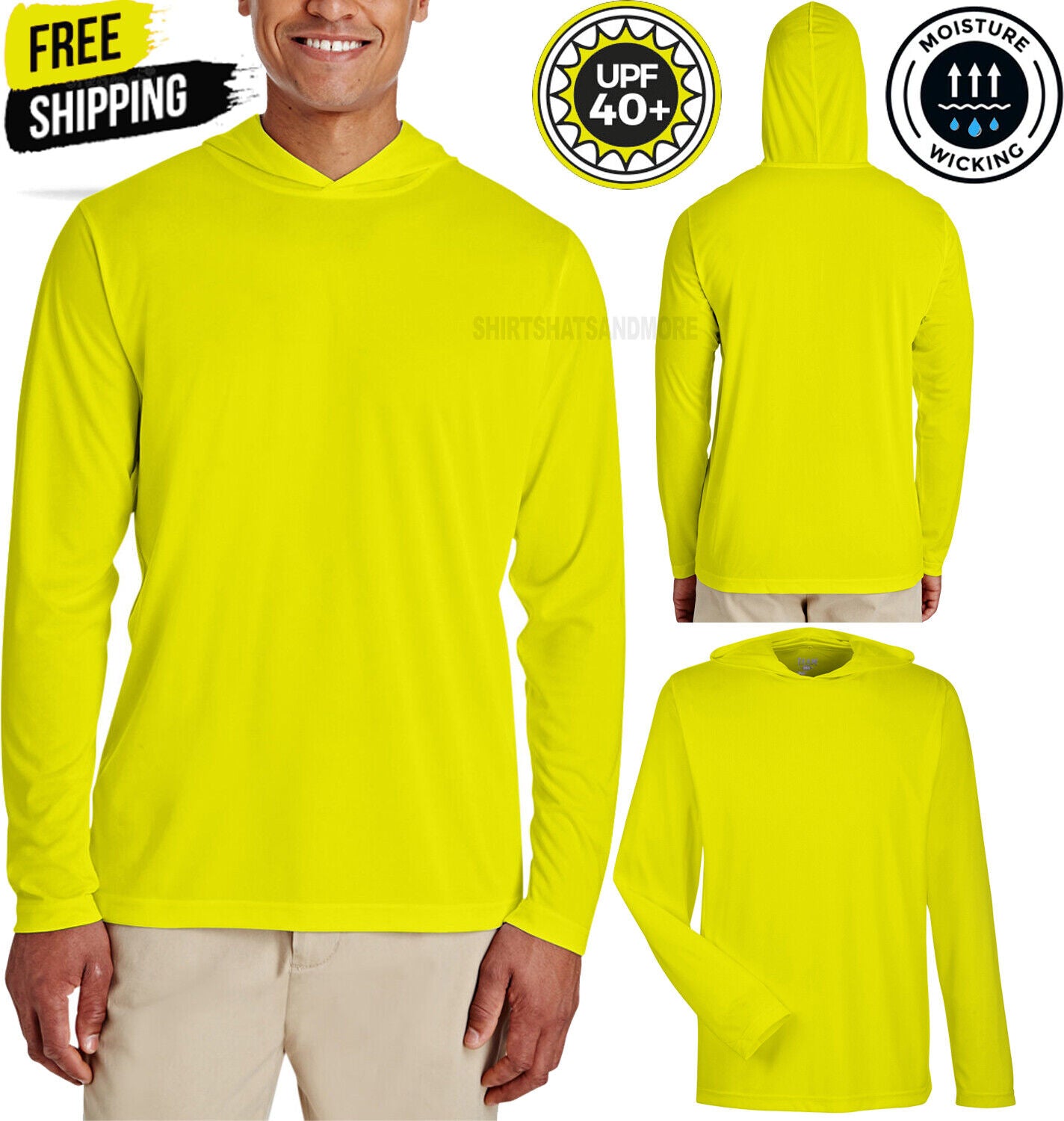 Mens Safety Yellow Moisture Wicking Hoodie T-Shirt Long Sleeve Hoody Tee UPF 40+
