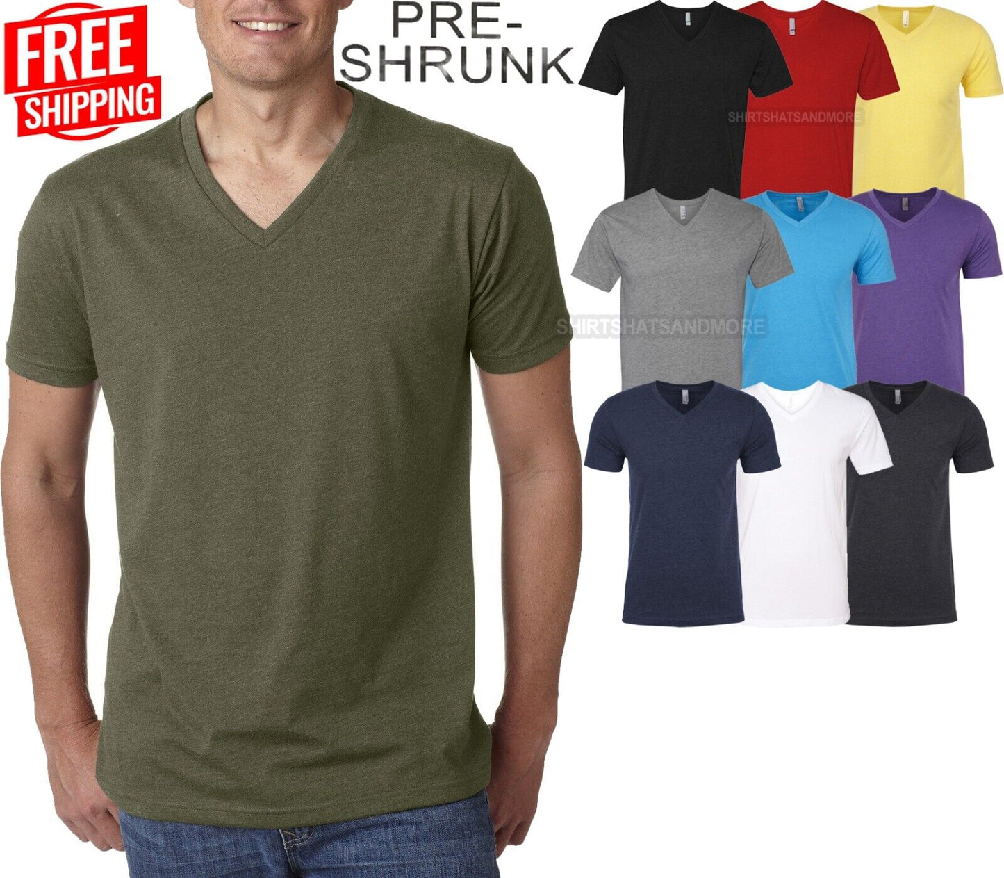 Mens Soft Preshrunk Blended V-Neck Jersey Tee Slightly Heathered CVC T-Shirt NEW