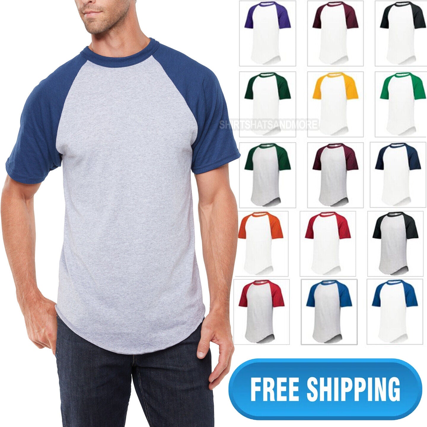 Mens Short-Sleeve Baseball Blended Jersey Raglan T-Shirt Performance Tee S-3XL