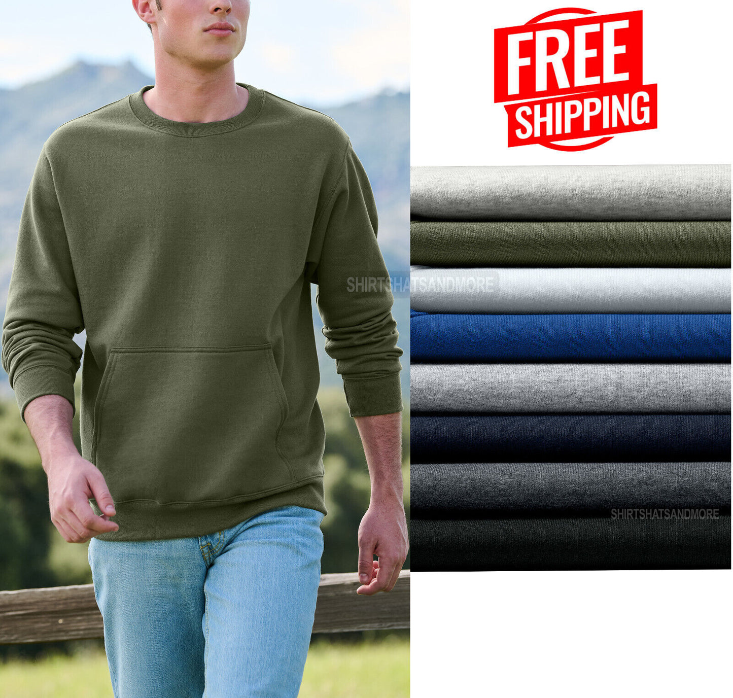 Mens Soft Cozy Fleece Creneck Pocket Blended Sweatshirt S-4XL 8 Colors NEW!