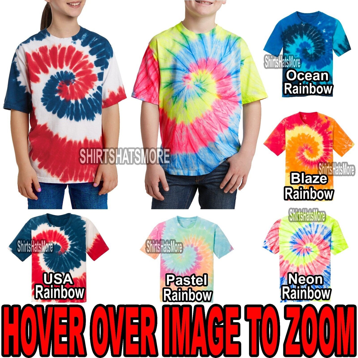 Youth Rainbow Tie Dye T-Shirt Spiral XS-XL Boys Girls Kids Child New Designs