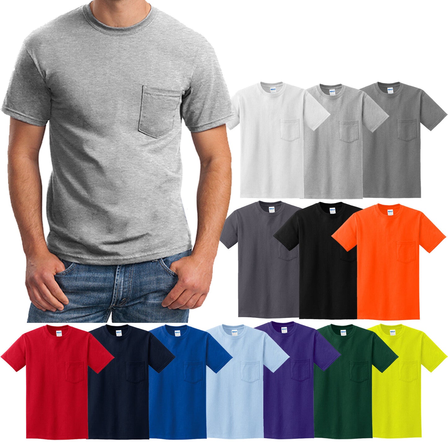MENS Pocket T-Shirt Gildan 100% Cotton PRESHRUNK Tee Sizes S, M, L, XL NEW