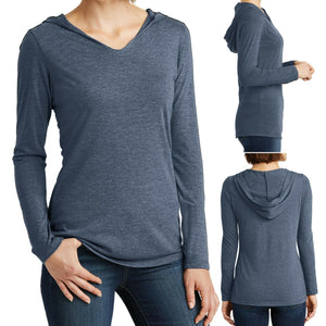 Ladies Long Sleeve Hooded T-Shirt Lightweight Tri Blend Womens XS-XL 2X, 3X, 4X