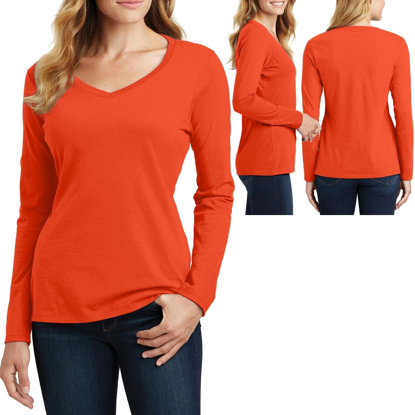 Ladies V-Neck T-Shirt Long Sleeve Womens Top Soft Cotton Tee XS-XL 2XL, 3XL, 4XL