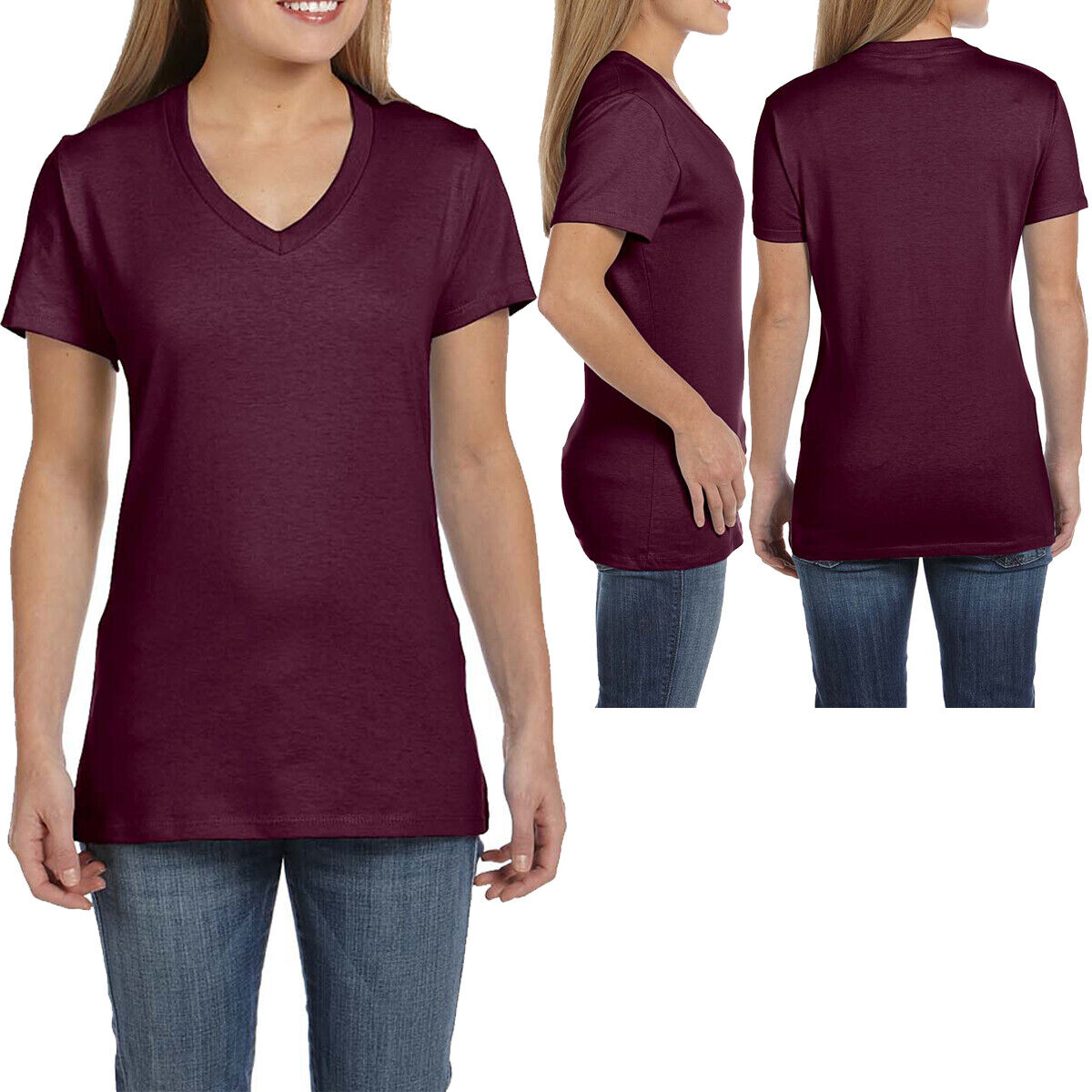 Hanes Ladies V-Neck T-Shirt 100% Cotton Nano Tee Top XS-2XL Womens Tee NEW