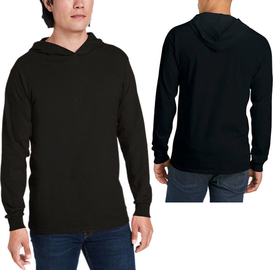 Mens Fruit of the Loom Long Sleeve Hooded T-Shirt 100% PreShrunk Cotton Tee S-3X