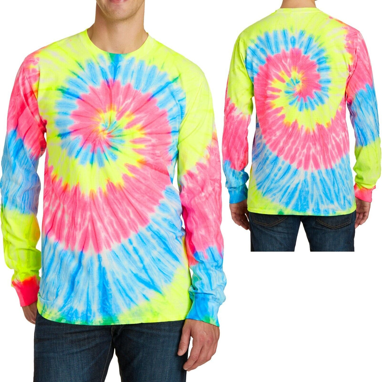 Mens LONG SLEEVE Tie Dye Neon, Rainbow T-Shirt Cotton Tye Die Tee S-XL 2X 3X 4X