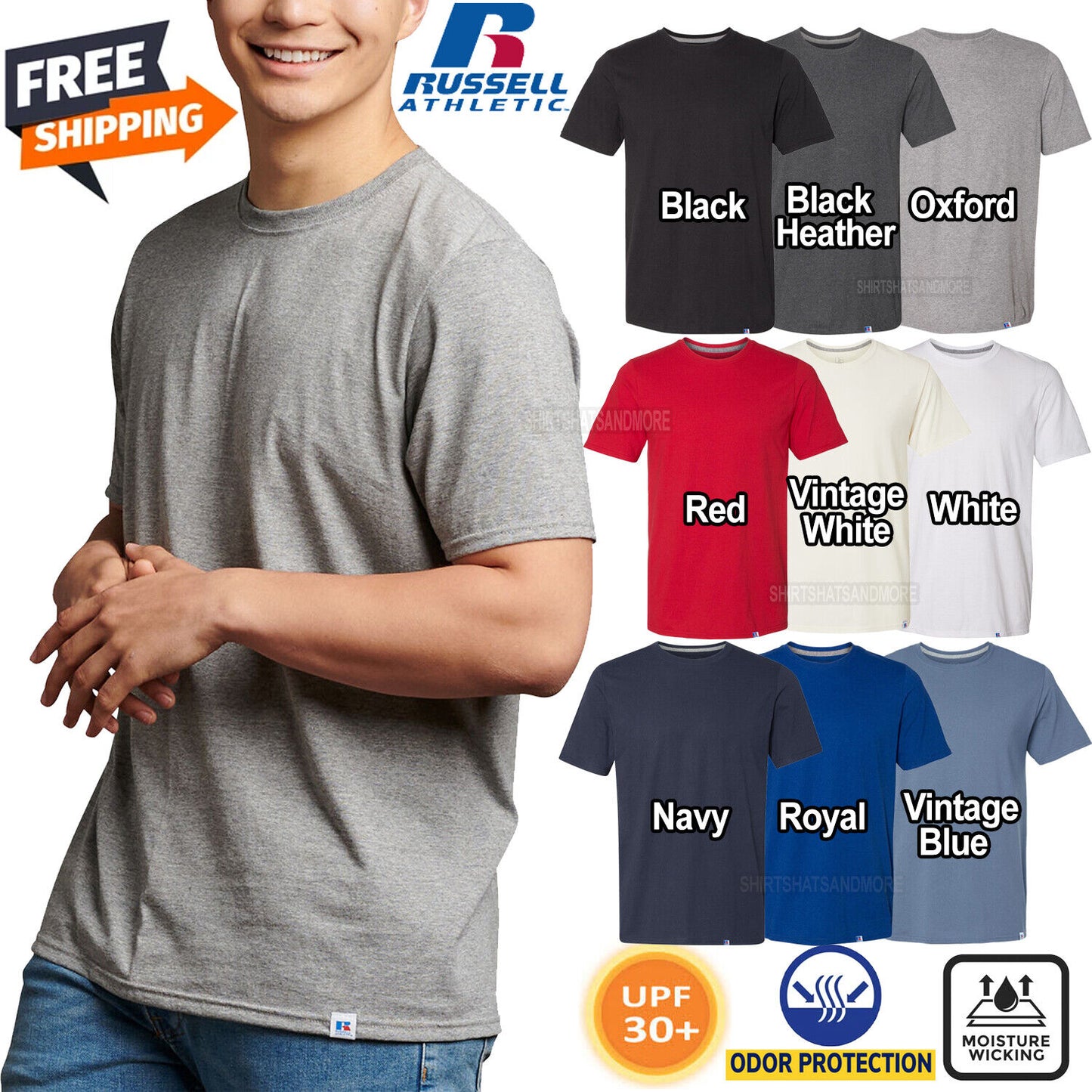 Russell Mens Perfomance Dri Fit Moisture Wicking T-Shirt Odor Protect UPF 30 Tee