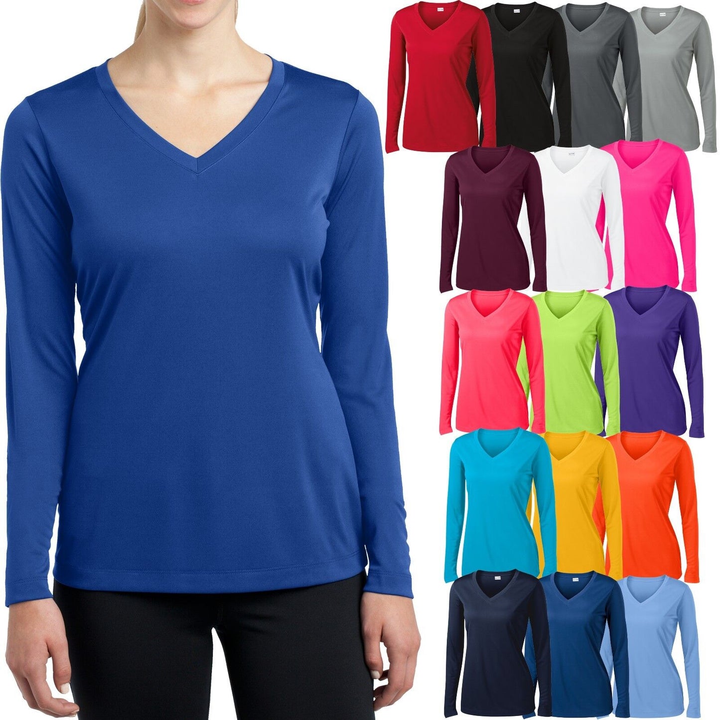 Ladies Long Sleeve T-Shirt V-Neck Moisture Wicking Base Layer Womens XS-XL 2X-4X