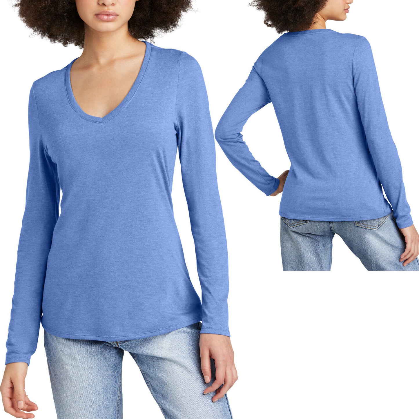 Womens Tri Blend Long Sleeve Layering V-Neck Tee Soft Blended T-Shirt XS-4XL NEW