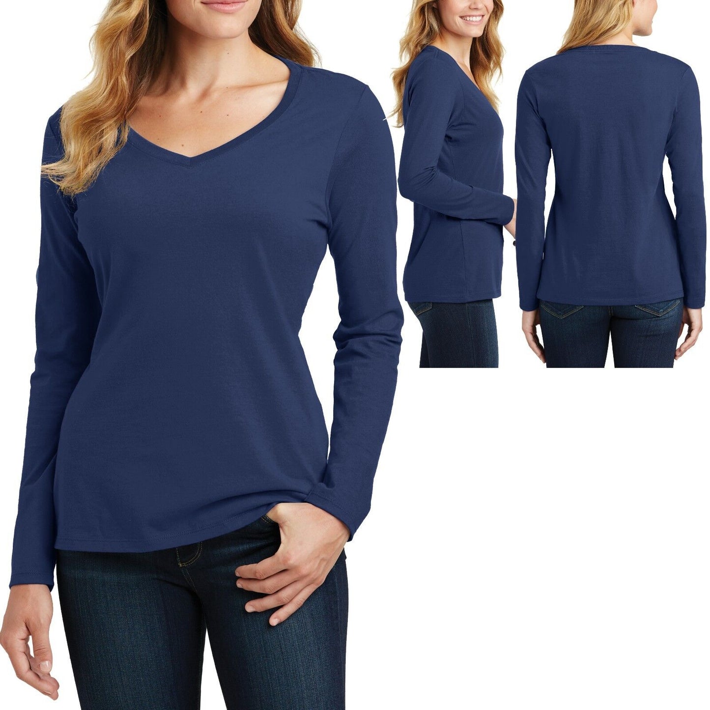 Ladies V-Neck T-Shirt Long Sleeve Womens Top Soft Cotton Tee XS-XL 2XL, 3XL, 4XL