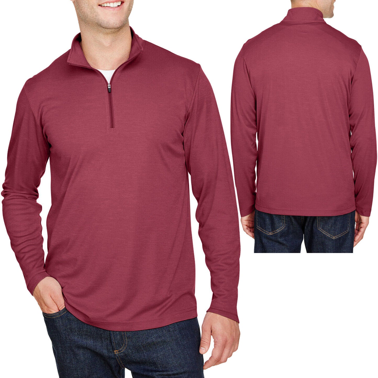 Mens Heather Long Sleeve QuarterZip Moisture Wicking UV Sun Protect Pullover Top