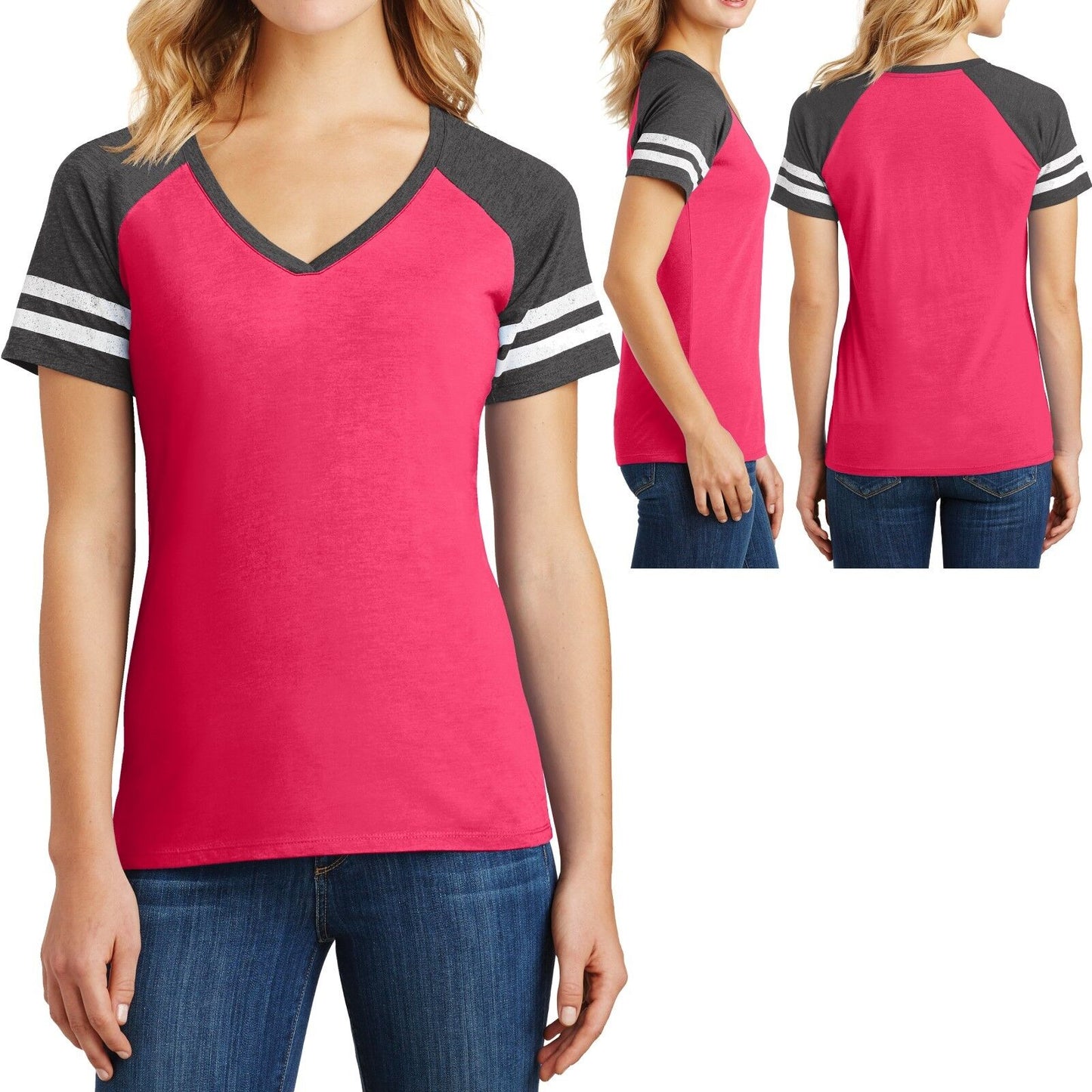 Ladies V-Neck Sleeve Stripe T-Shirt Game Day Womens Tee XS-XL, 2XL, 3XL, 4XL NEW