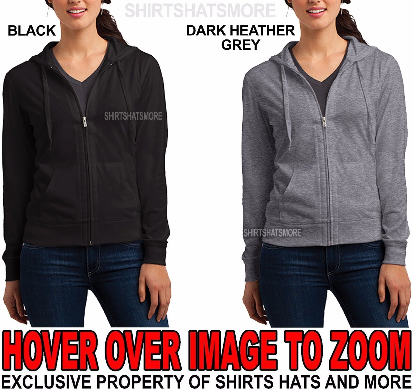 Ladies Lightweight Long Sleeve Hoodie T-Shirt Full Zip Junior Fit Young Womens