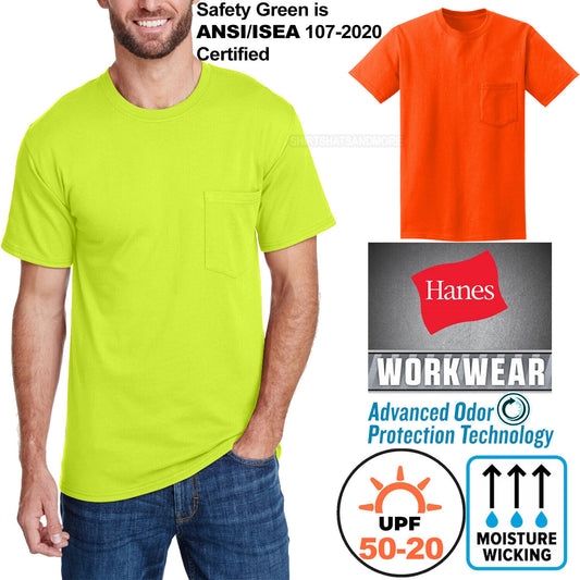 Hanes Mens Safety Pocket T-Shirt UPF Odor Protect Extra Length Moisture Wick Tee
