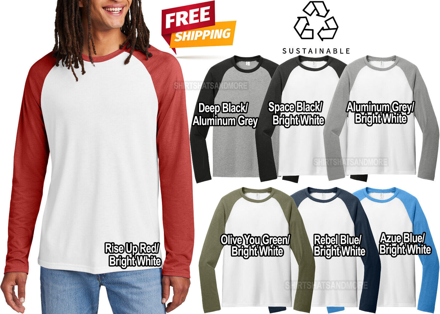 Mens Triblend Long Sleeve Baseball Tee Colorblock Soft Raglan T-Shirt XS-4XL NEW