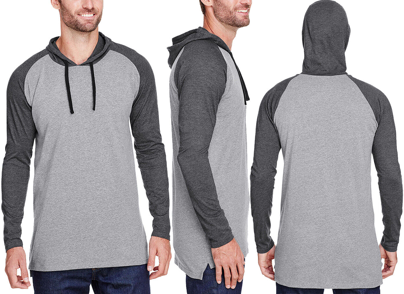 Mens Long Sleeve Raglan Baseball Hoodie Jersey Hooded T-Shirt Blended Tee XS-3XL