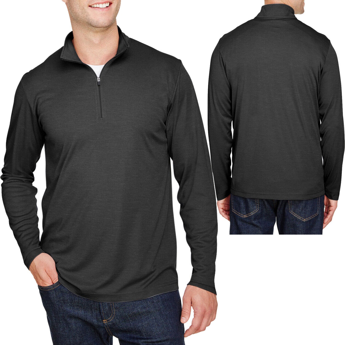 Mens Heather Long Sleeve QuarterZip Moisture Wicking UV Sun Protect Pullover Top