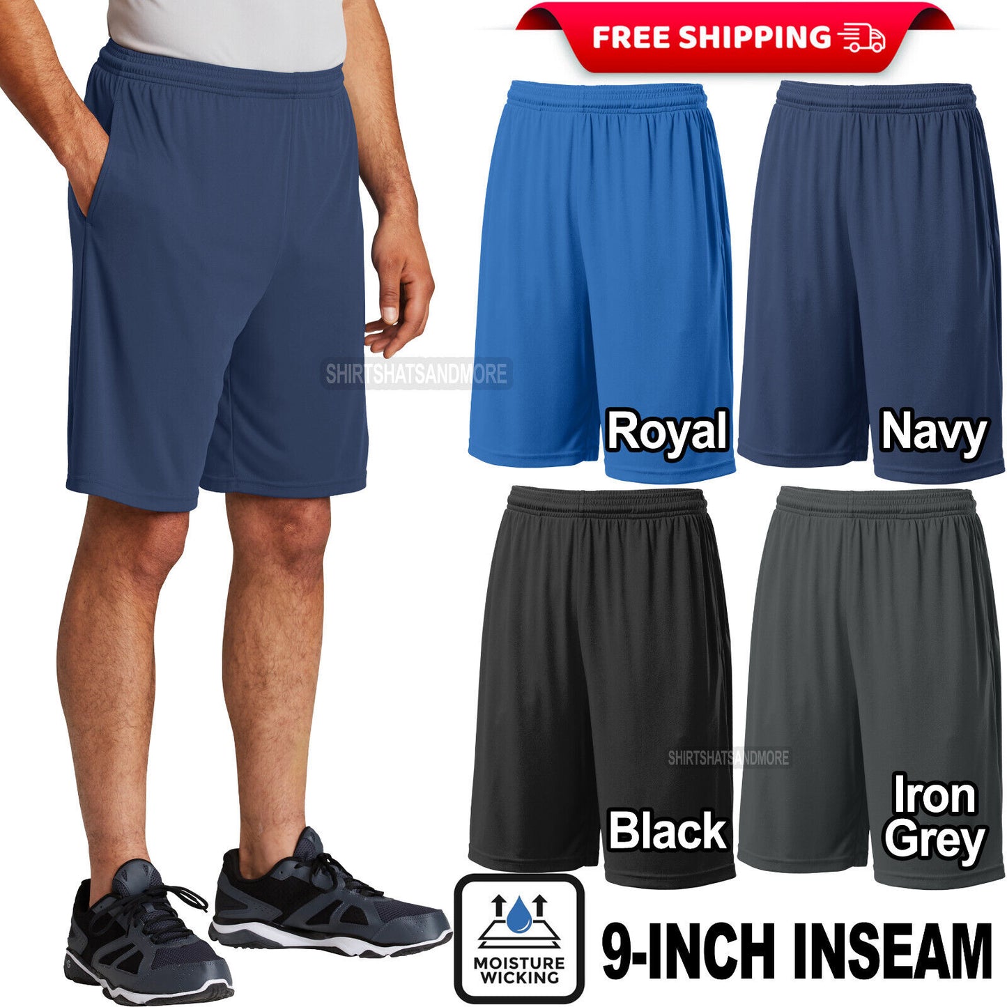 Mens 9-Inch Inseam Moisture Wicking Pocket Shorts Workout Gym Exercise XS-4X NEW