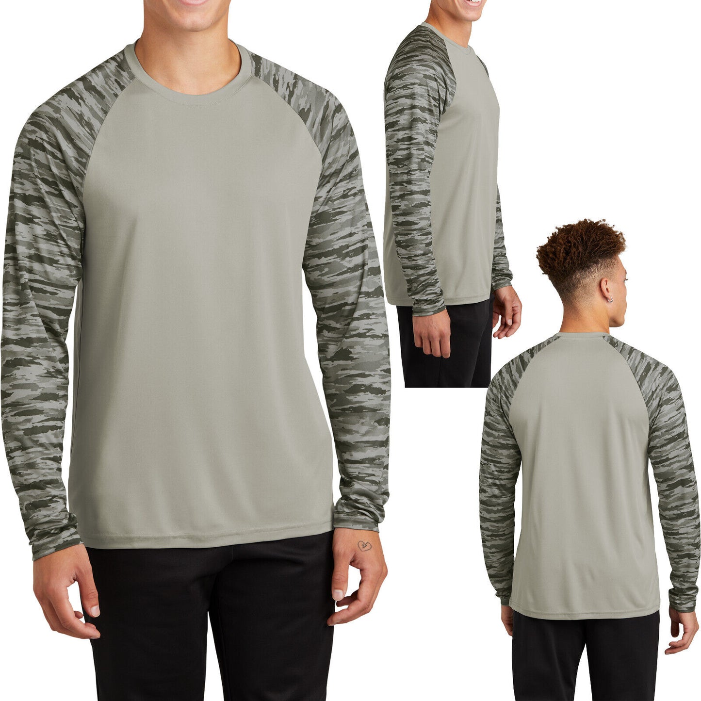 Mens Long Sleeve Color Block Camo Print Tee UPF30 Moisture Wicking T-Shirt XS-4X