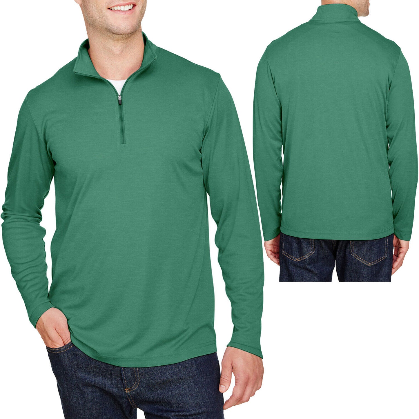 Mens Heather Long Sleeve QuarterZip Moisture Wicking UV Sun Protect Pullover Top