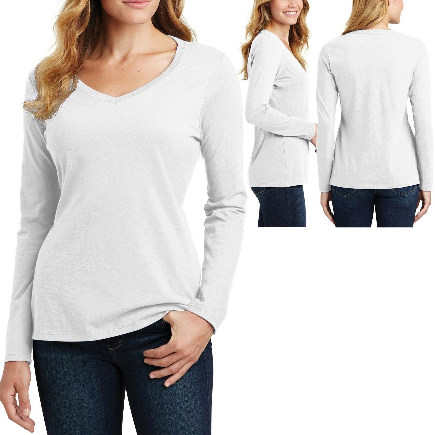 Ladies V-Neck T-Shirt Long Sleeve Womens Top Soft Cotton Tee XS-XL 2XL, 3XL, 4XL