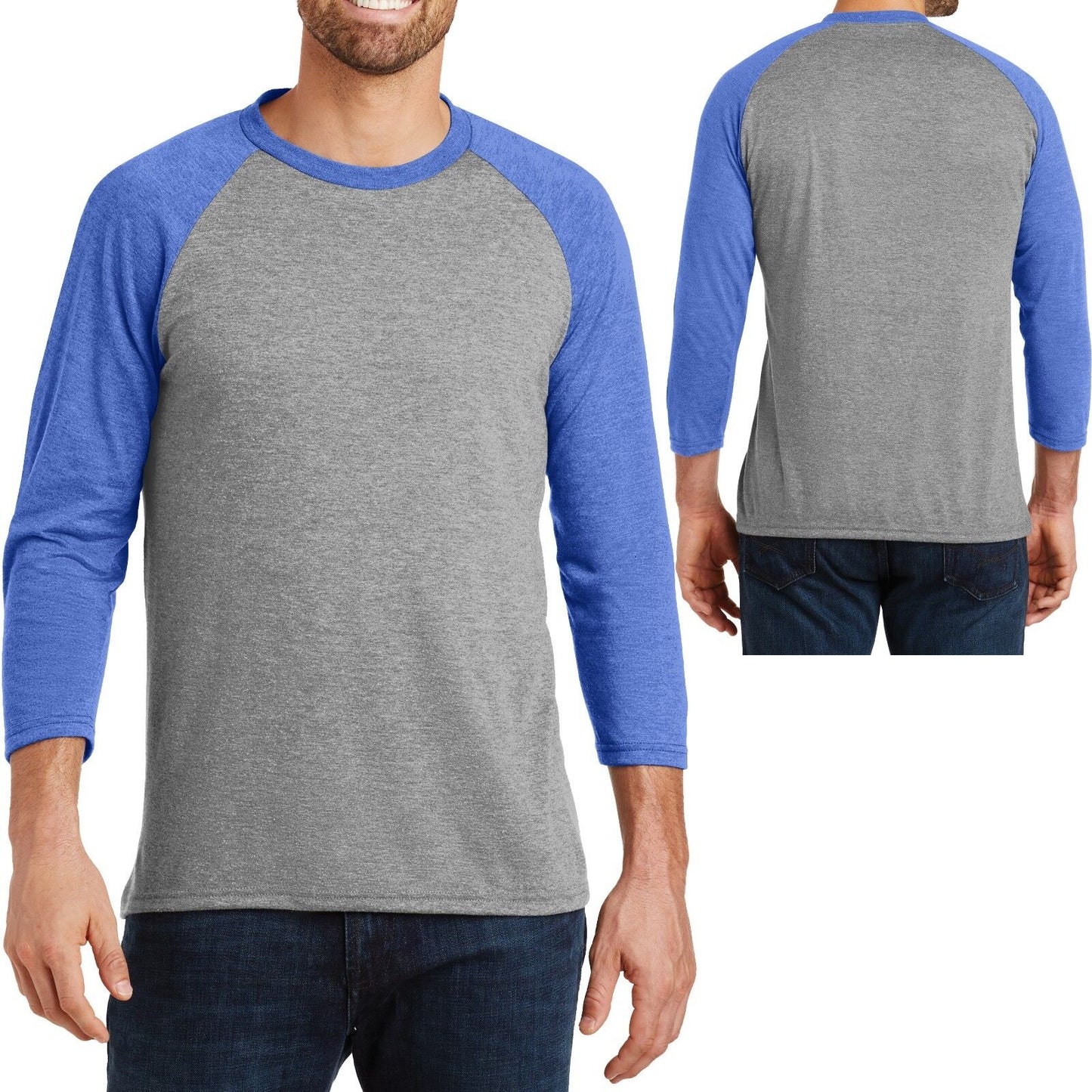 Mens Tri Blend T Shirt 3/4 Sleeve Raglan Baseball Tee S, M, L, XL, 2XL, 3XL, 4XL