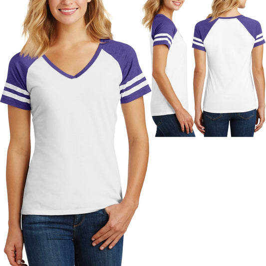 Ladies V-Neck Sleeve Stripe T-Shirt Game Day Womens Tee XS-XL, 2XL, 3XL, 4XL NEW