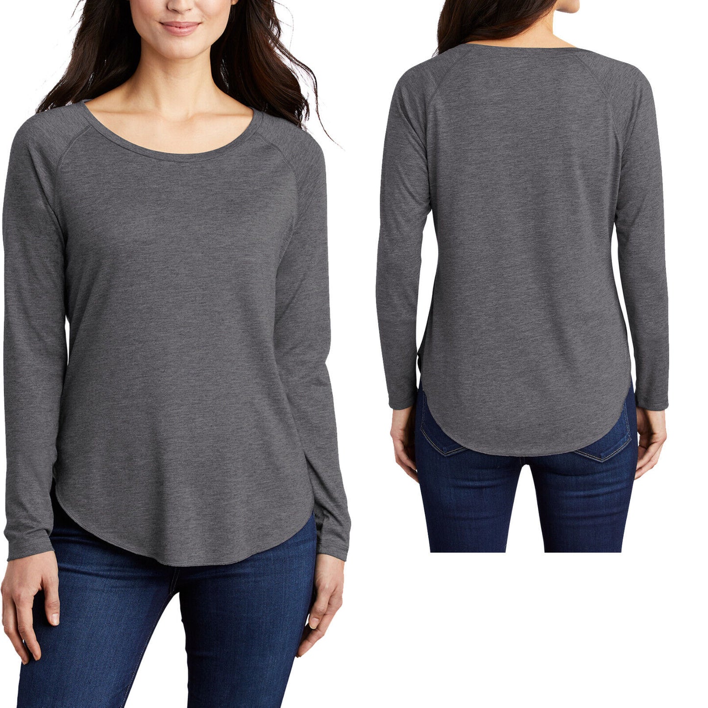 Ladies Tri Blend Scoop Neck Wicking T-Shirt Long Sleeve Womens Raglan Tee XS-4XL