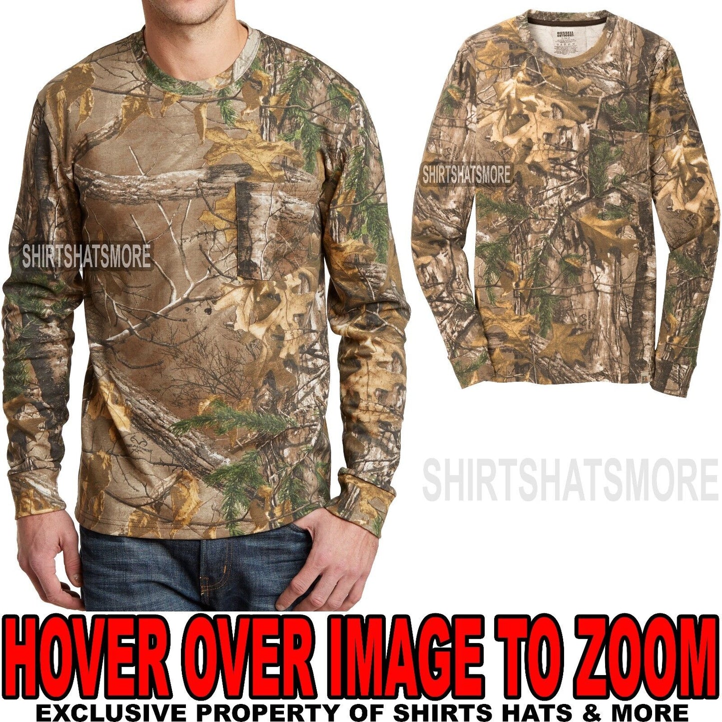 Russell Mens REALTREE XTRA Camo LONG SLEEVE T-Shirt w/ POCKET S-XL 2XL, 3XL NEW