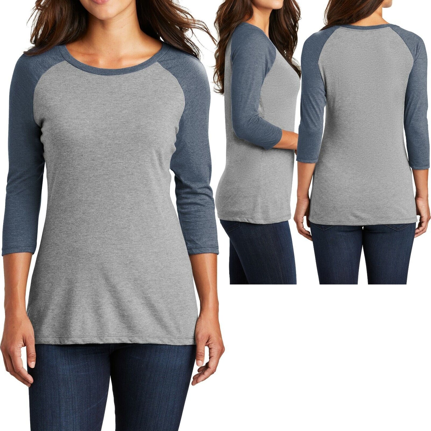 Ladies 3/4 Sleeve T-Shirt Raglan Tri Blend Tee Womens XS-XL 2XL, 3XL, 4XL NEW