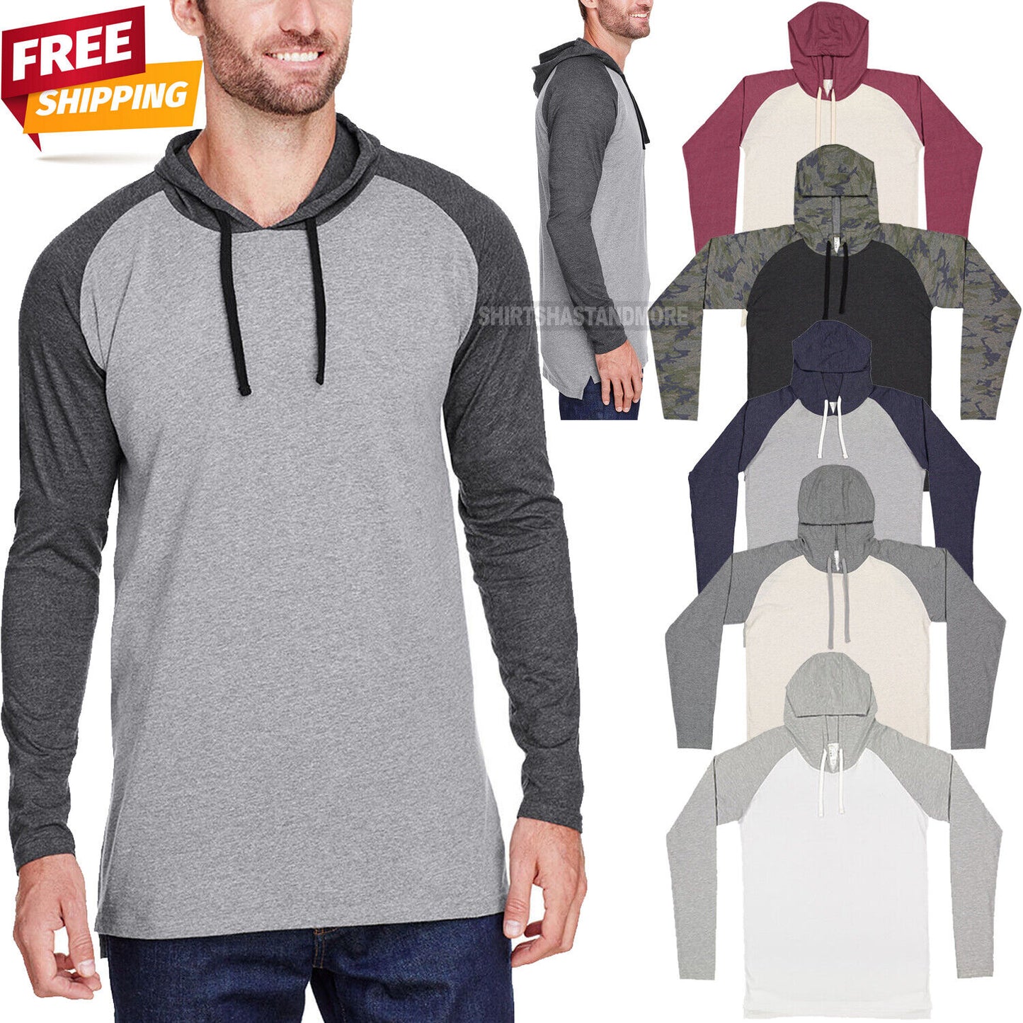 Mens Long Sleeve Raglan Baseball Hoodie Jersey Hooded T-Shirt Blended Tee XS-3XL