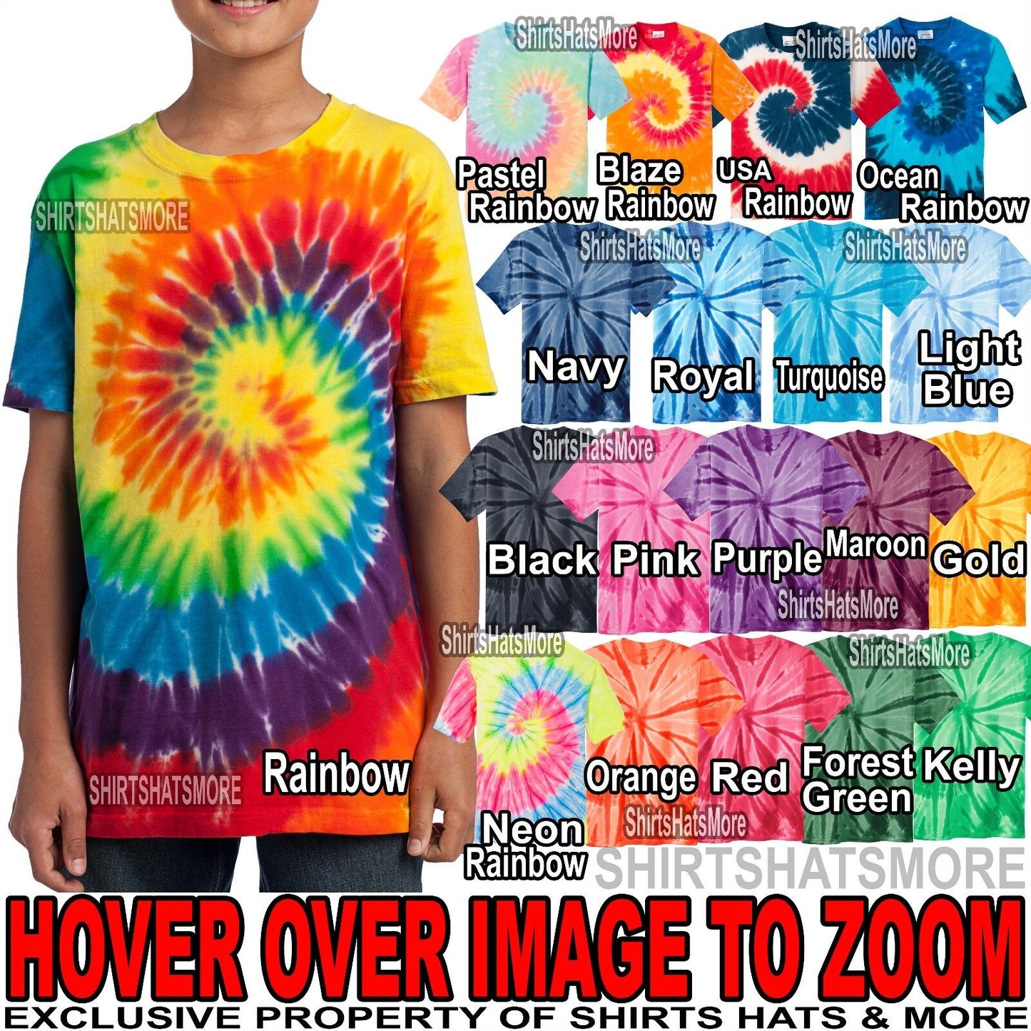 Youth Tie Dye T-Shirt Tye Died Spirals Tee XS, S, M, L, XL Boys Girls Kids Child