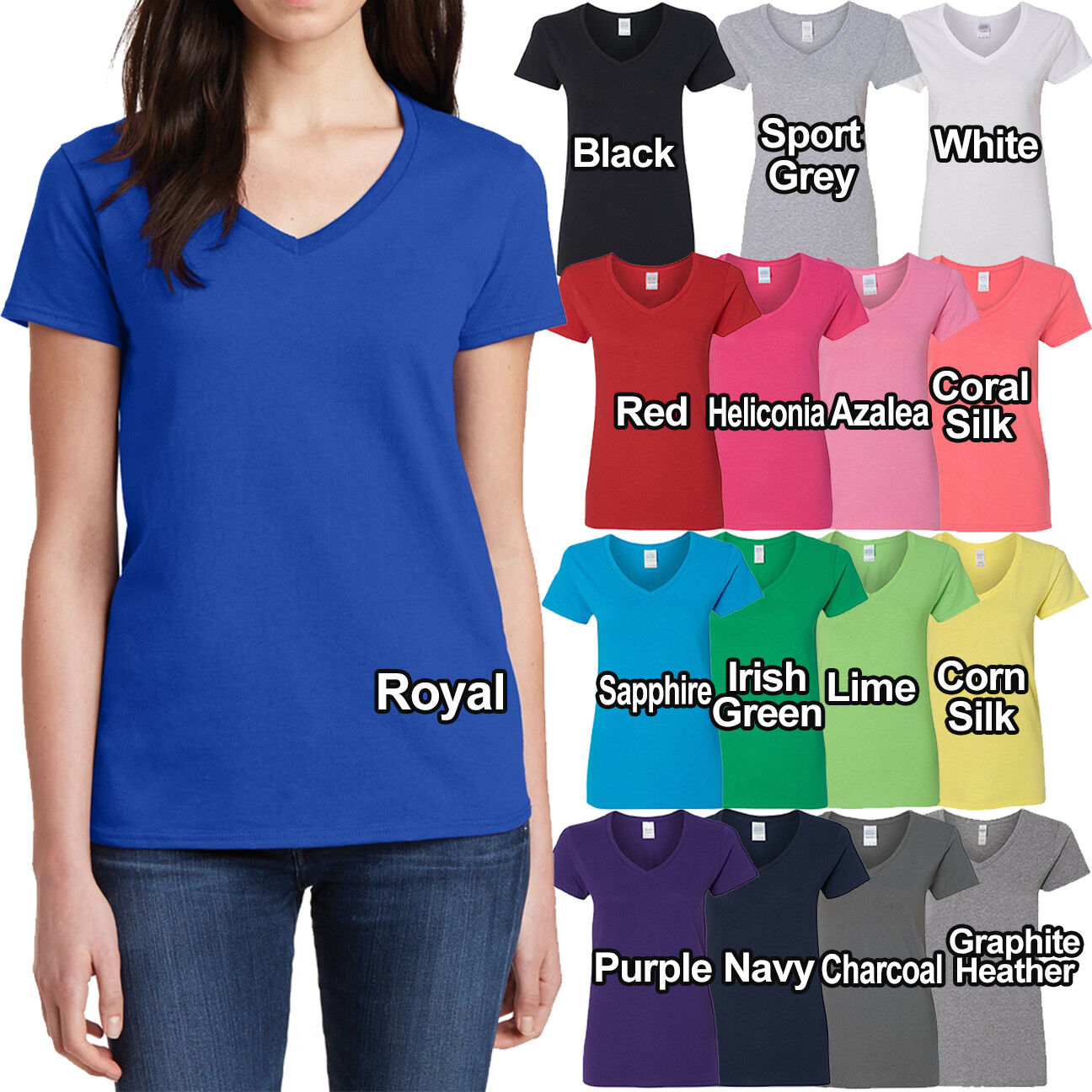 Plus Size Ladies V-Neck T-Shirt 100% Cotton Womens Tee Top Missy Fit XL 2XL 3XL