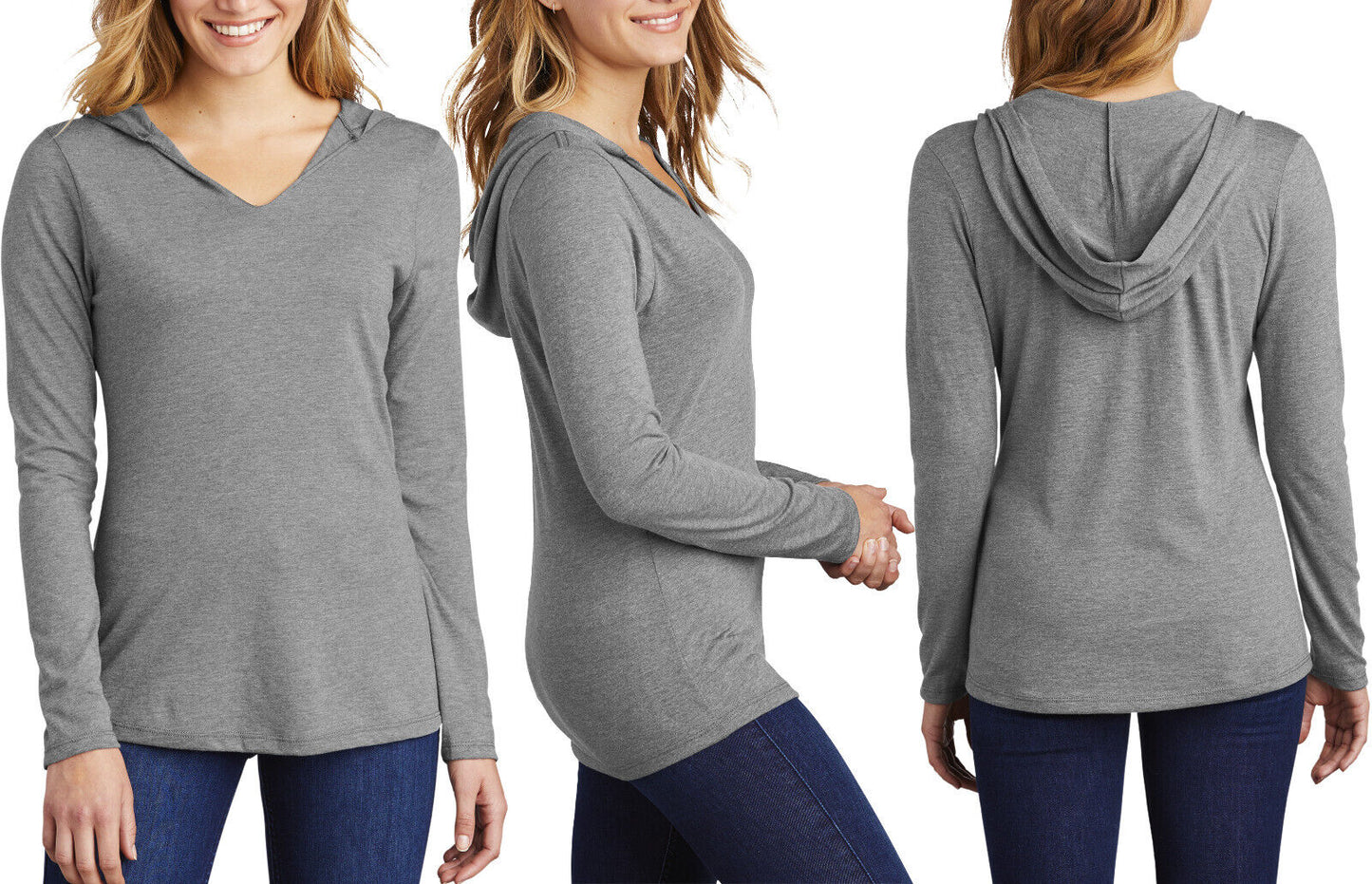 Ladies Long Sleeve Hooded T-Shirt Lightweight Tri Blend Womens Hoodie Tee XS-4XL