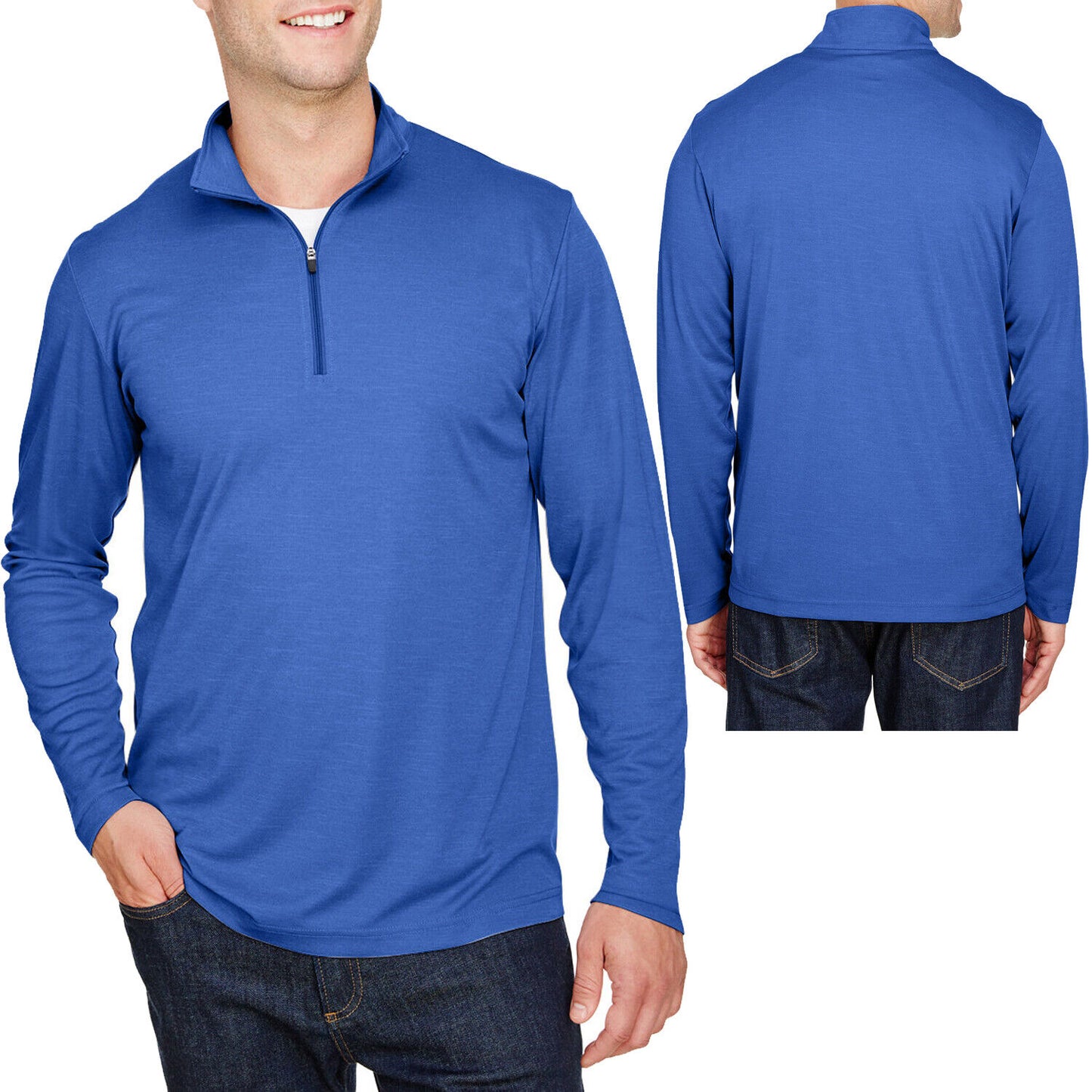 Mens Heather Long Sleeve QuarterZip Moisture Wicking UV Sun Protect Pullover Top