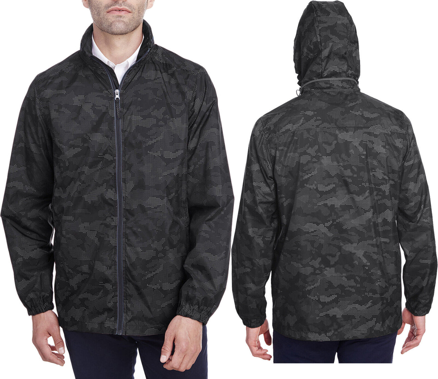 Mens Water Resistant Camo Reflective Jacket Rain Weather Pockets Hooded NEW!