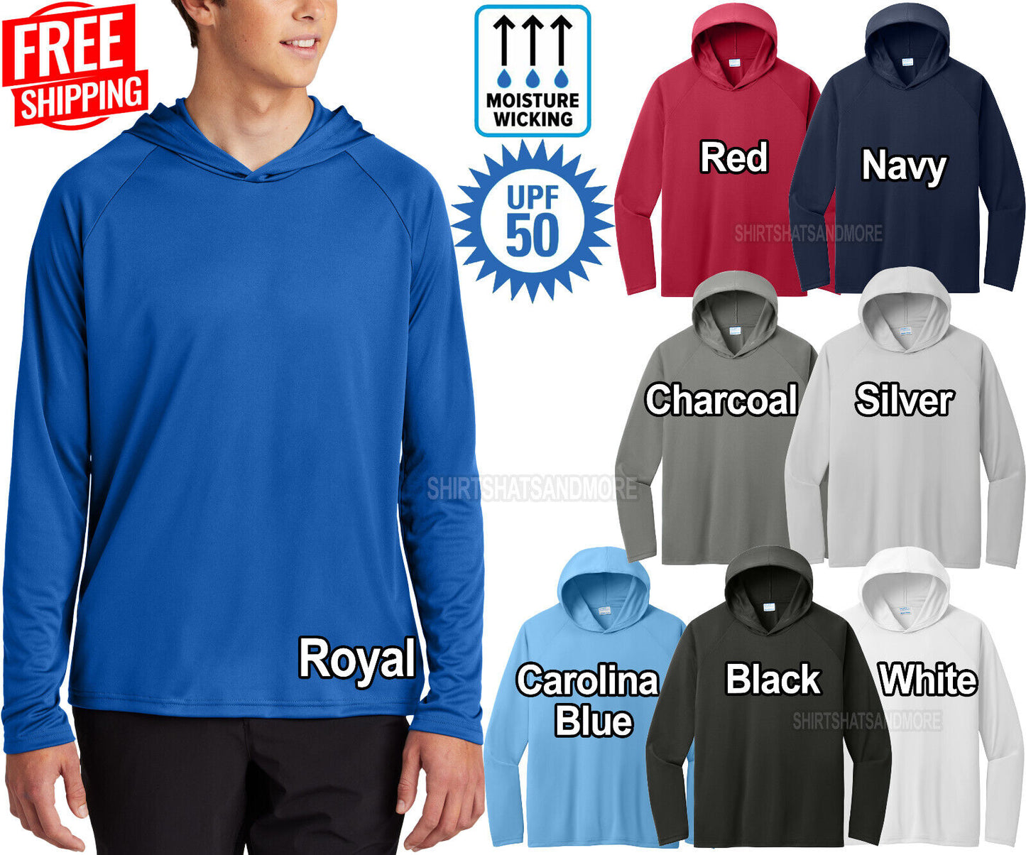 Mens Moisture Wicking Hoodie Tee Hooded Pullover T-Shirt UPF 50 Sun Protect S-4X