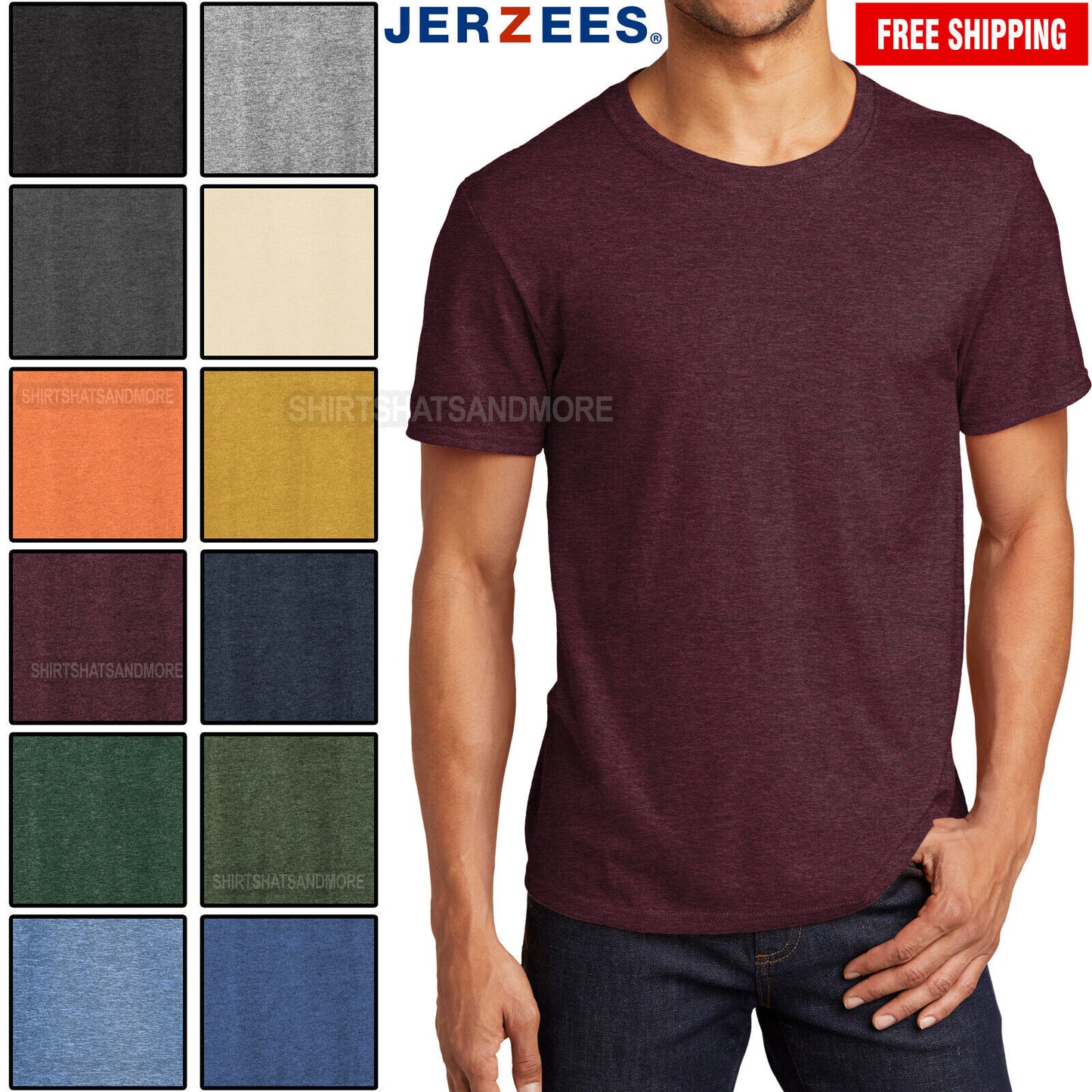 BIG Mens Jerzees Premium Soft Spun Cotton/Poly Blend Tee Wicking Heather T-Shirt